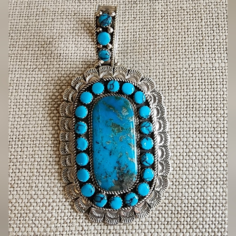RARE Navajo Larry Etsitty Kingman Turquoise And Sterling Pendant